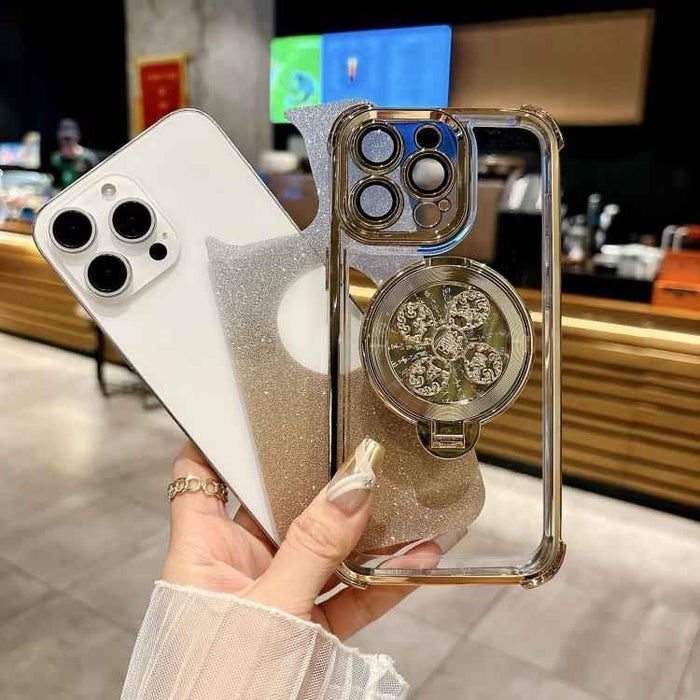 For iPhone 15 Gradient Glitter Spinning Top Holder Phone Case(Silver)