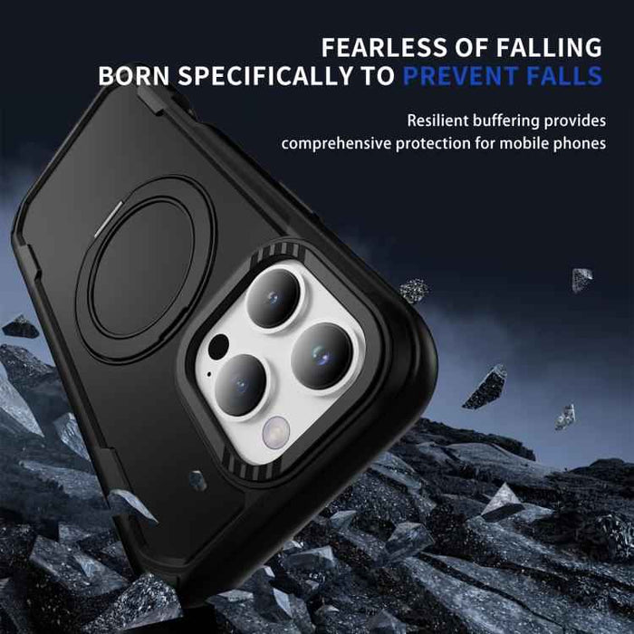 For iPhone 16 Pro Defend Rugged Gear Holder MagSafe Phone Case(Black)
