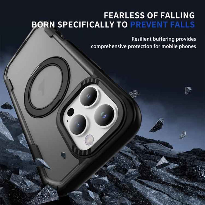 For iPhone 16 Pro Defend Rugged Gear Holder MagSafe Phone Case(Black + Transparent Grey)