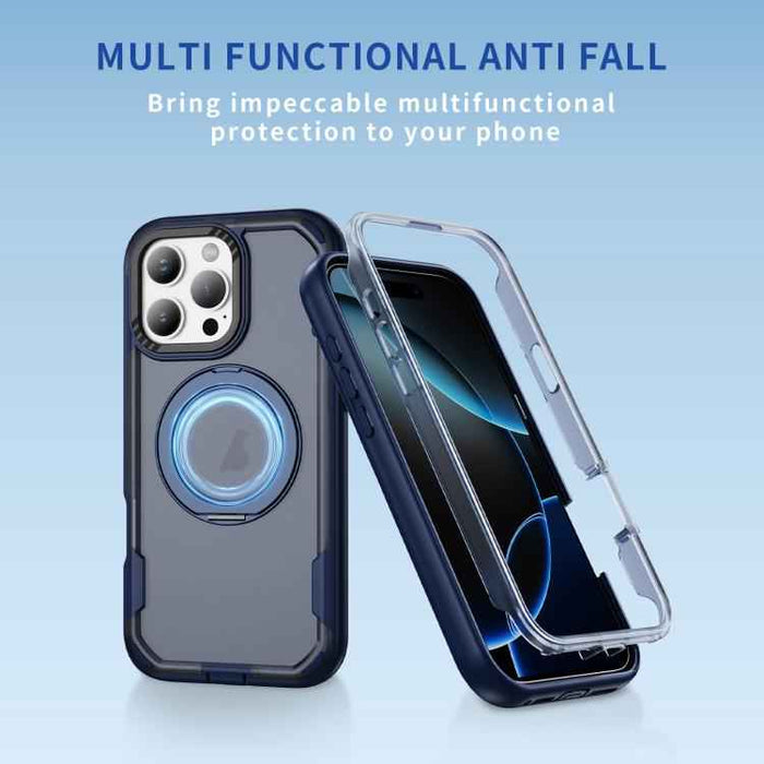 For iPhone 16 Pro Defend Rugged Gear Holder MagSafe Phone Case(Blue + Transparent Blue)