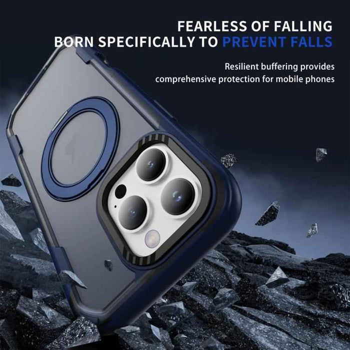 For iPhone 16 Pro Defend Rugged Gear Holder MagSafe Phone Case(Blue + Transparent Blue)