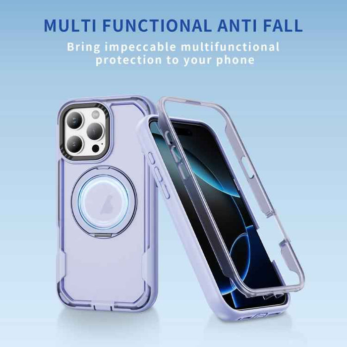 For iPhone 16 Pro Defend Rugged Gear Holder MagSafe Phone Case(Light Purple + Transparent Purple)