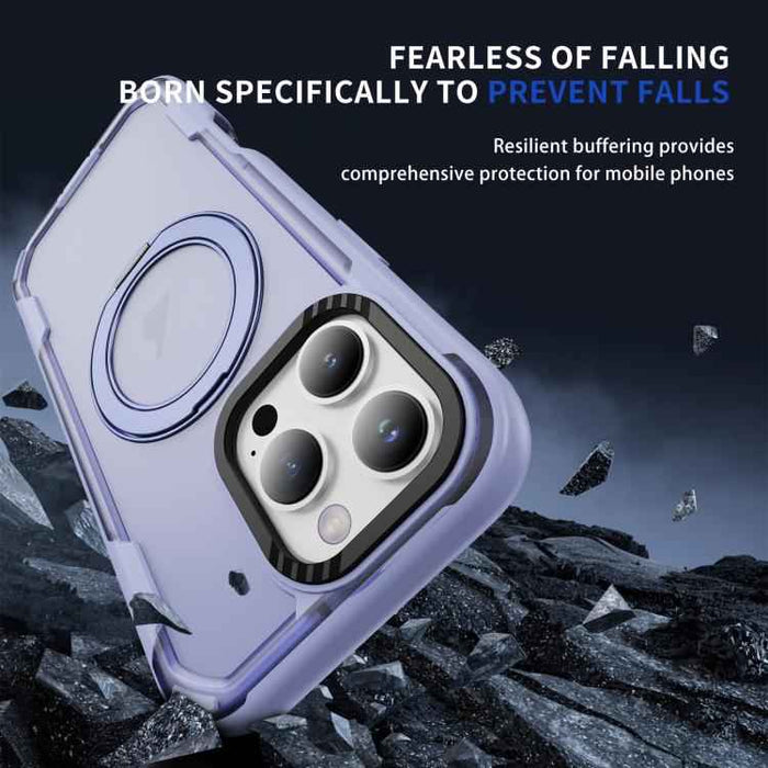For iPhone 16 Pro Defend Rugged Gear Holder MagSafe Phone Case(Light Purple + Transparent Purple)