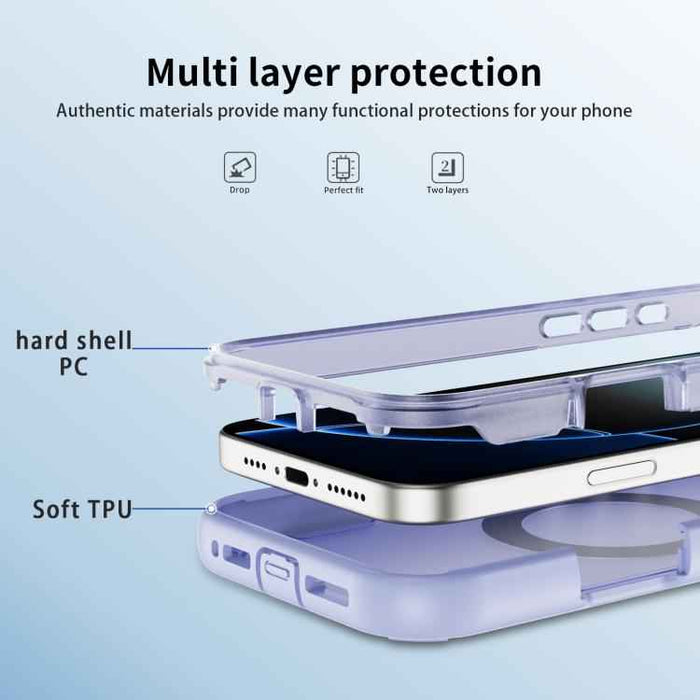 For iPhone 16 Pro Defend Rugged Gear Holder MagSafe Phone Case(Light Purple + Transparent Purple)