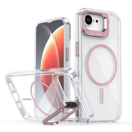 For iPhone 16e Bright Color Clear MagSafe Lens Frame Holder Phone Case(Pink)