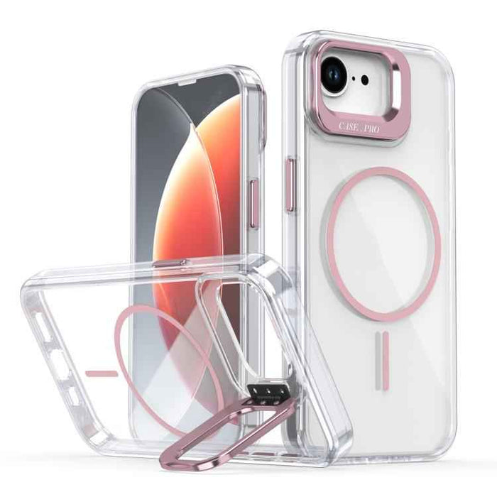 For iPhone 16e Bright Color Clear MagSafe Lens Frame Holder Phone Case(Pink)