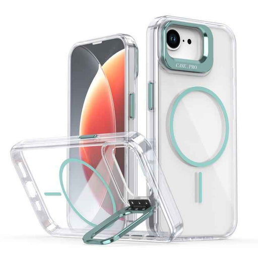 For iPhone 16e Bright Color Clear MagSafe Lens Frame Holder Phone Case(Blue)