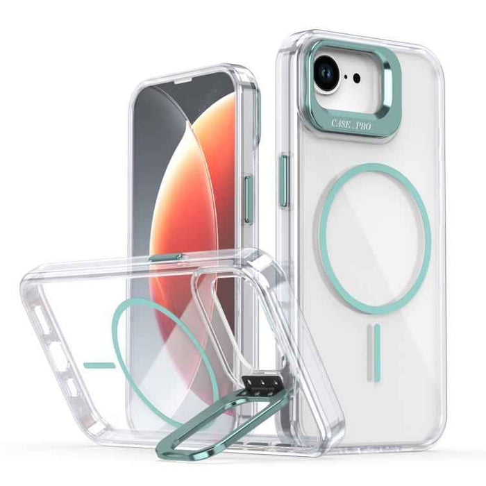 For iPhone 16e Bright Color Clear MagSafe Lens Frame Holder Phone Case(Blue)
