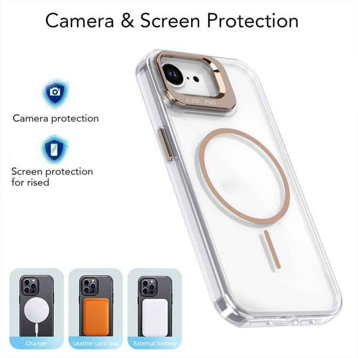 For iPhone 16e Bright Color Clear MagSafe Lens Frame Holder Phone Case(Orange)