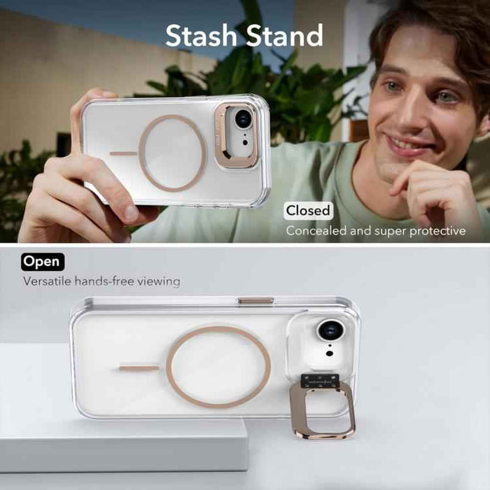 For iPhone 16e Bright Color Clear MagSafe Lens Frame Holder Phone Case(Orange)