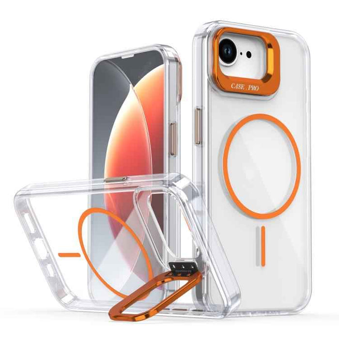 For iPhone 16e Bright Color Clear MagSafe Lens Frame Holder Phone Case(Orange)