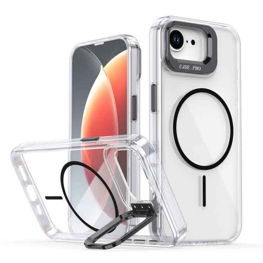 For iPhone 16e Bright Color Clear MagSafe Lens Frame Holder Phone Case(Black)