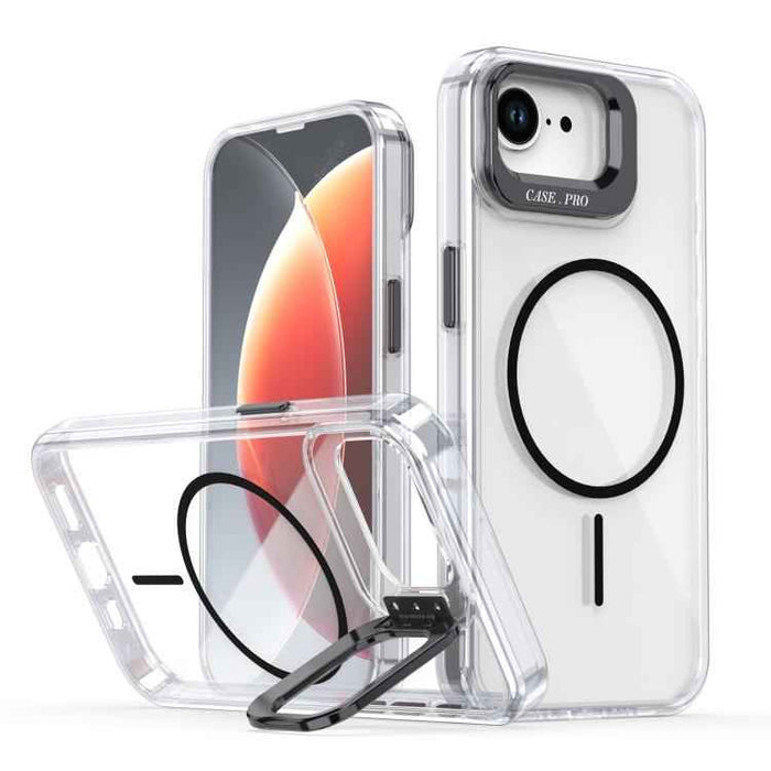For iPhone 16e Bright Color Clear MagSafe Lens Frame Holder Phone Case(Black)