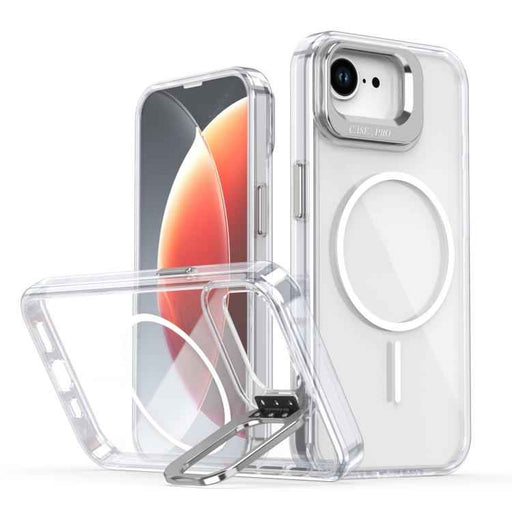 For iPhone 16e Bright Color Clear MagSafe Lens Frame Holder Phone Case(White)