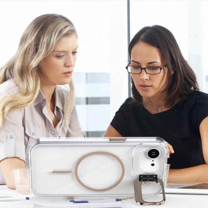 For iPhone 16e Bright Color Clear MagSafe Lens Frame Holder Phone Case(White)