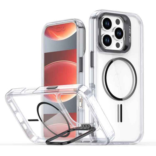 For iPhone 16 Pro Bright Color Clear MagSafe Lens Frame Holder Phone Case(Black)