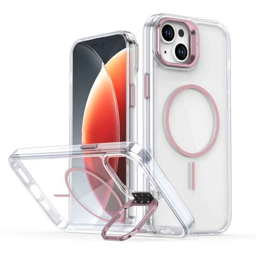 For iPhone 15 Bright Color Clear MagSafe Lens Frame Holder Phone Case(Pink)