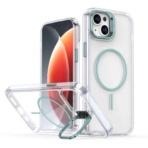 For iPhone 15 Bright Color Clear MagSafe Lens Frame Holder Phone Case(Blue)
