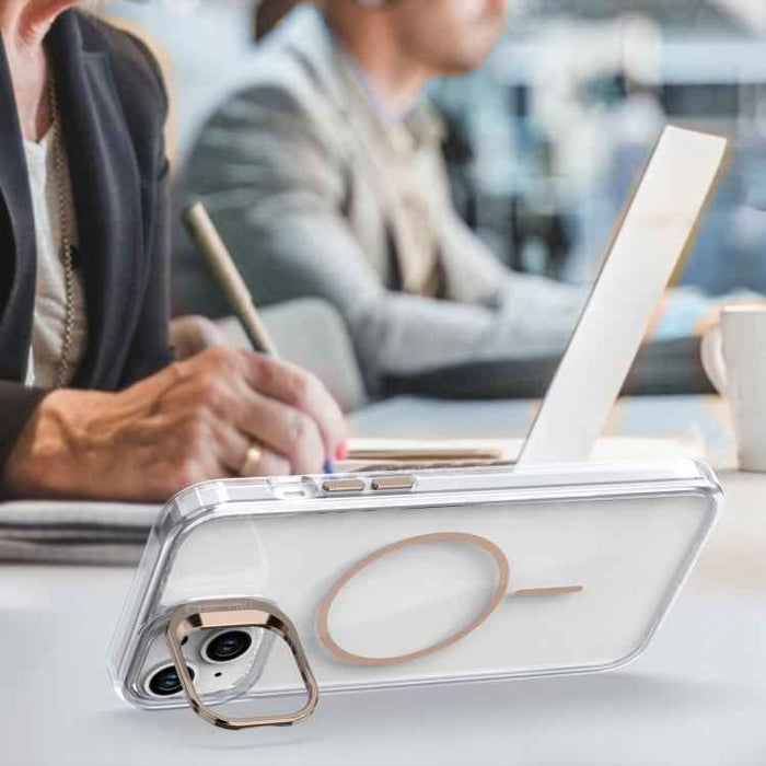 For iPhone 15 Bright Color Clear MagSafe Lens Frame Holder Phone Case(Orange)