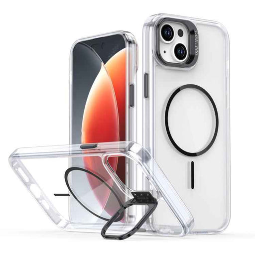 For iPhone 15 Bright Color Clear MagSafe Lens Frame Holder Phone Case(Black)