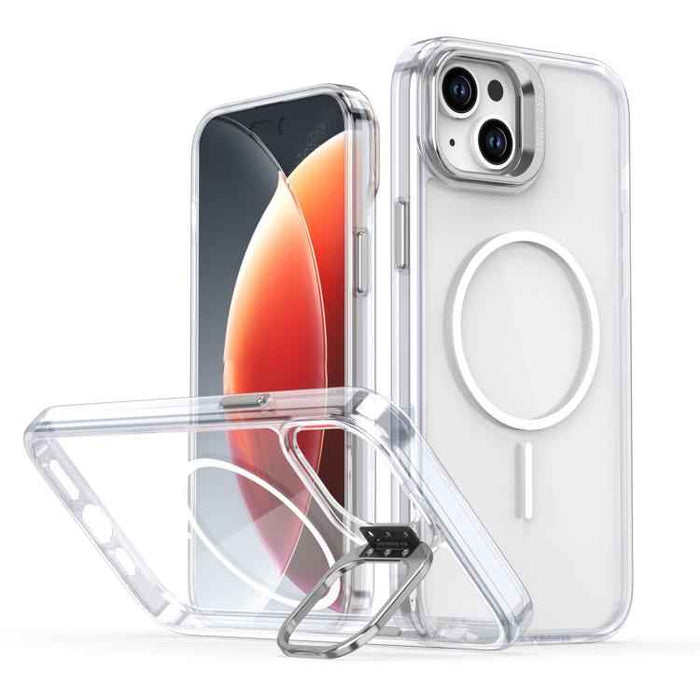 For iPhone 15 Bright Color Clear MagSafe Lens Frame Holder Phone Case(White)