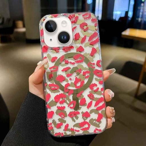 For iPhone 15 Leopard MagSafe Dual-side Laminating IMD Phone Case(Pink)
