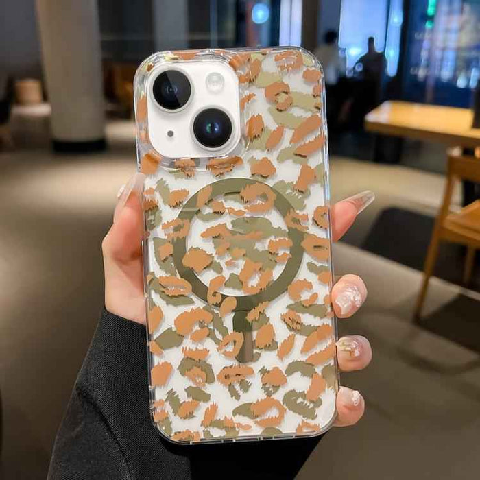 For iPhone 15 Leopard MagSafe Dual-side Laminating IMD Phone Case(Yellow Coffee)
