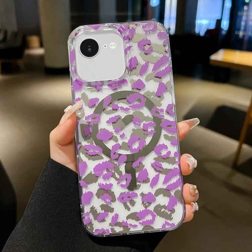 For iPhone 16e Leopard MagSafe Dual-side Laminating IMD Phone Case(Purple)