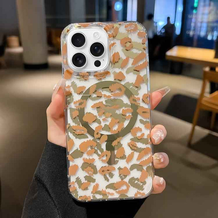 For iPhone 16 Pro Leopard MagSafe Dual-side Laminating IMD Phone Case(Yellow Coffee)