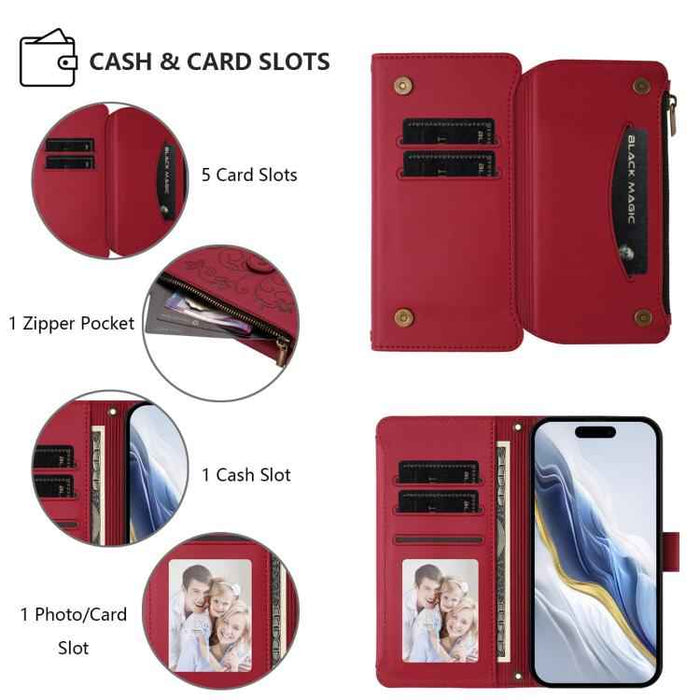 For iPhone 17 Pro Max Butterfly Love Flower Multi-card Zipper Wallet Leather Phone Case(Wine Red)