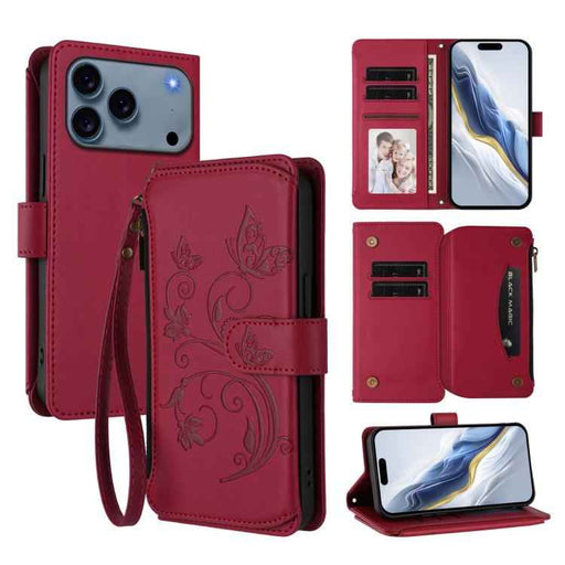 For iPhone 17 Pro Max Butterfly Love Flower Multi-card Zipper Wallet Leather Phone Case(Wine Red)
