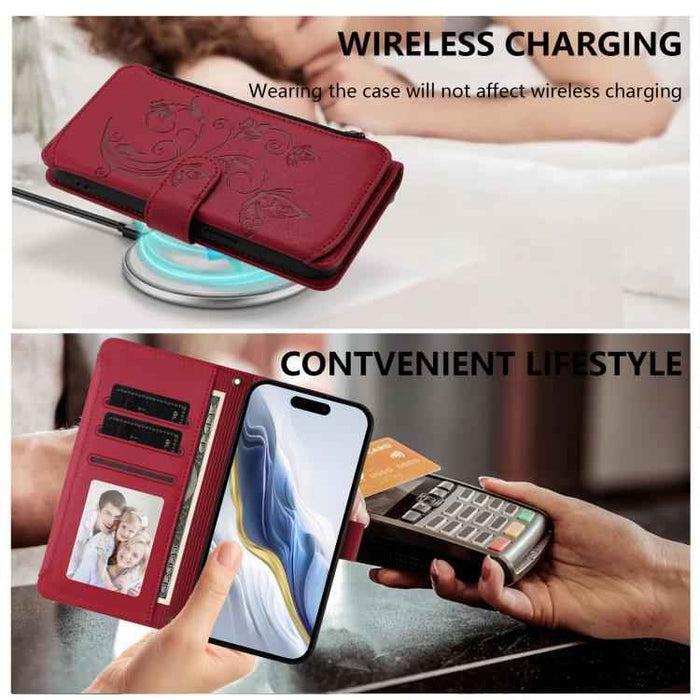 For iPhone 17 Pro Max Butterfly Love Flower Multi-card Zipper Wallet Leather Phone Case(Wine Red)