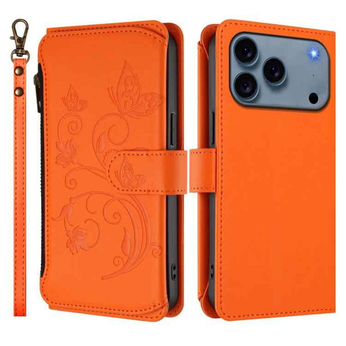 For iPhone 17 Pro Max Butterfly Love Flower Multi-card Zipper Wallet Leather Phone Case(Orange)