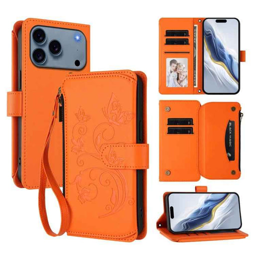 For iPhone 17 Pro Max Butterfly Love Flower Multi-card Zipper Wallet Leather Phone Case(Orange)