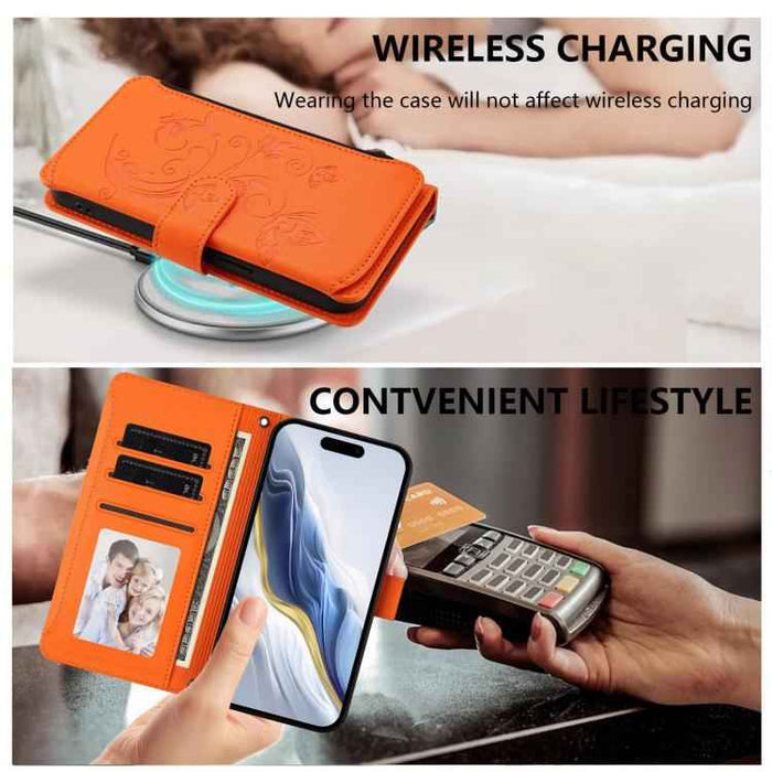 For iPhone 17 Pro Max Butterfly Love Flower Multi-card Zipper Wallet Leather Phone Case(Orange)