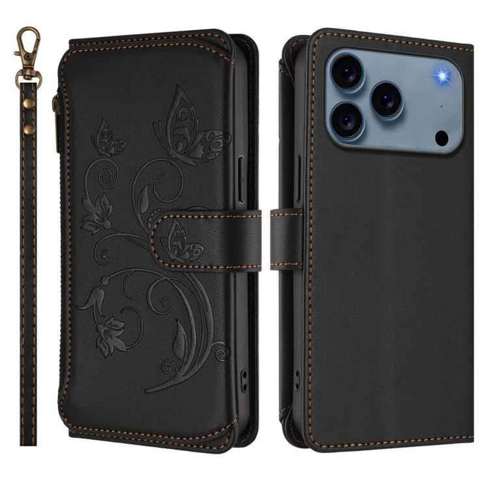 For iPhone 17 Pro Max Butterfly Love Flower Multi-card Zipper Wallet Leather Phone Case(Black)