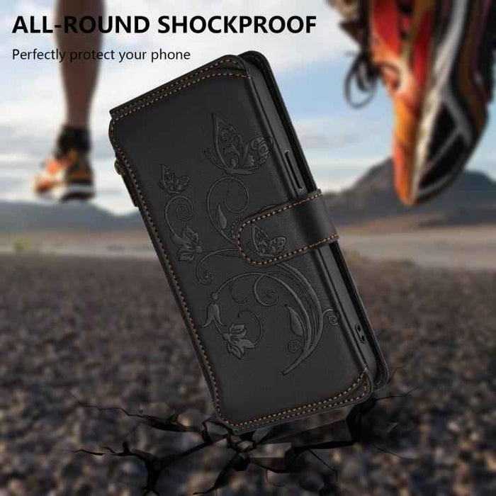 For iPhone 17 Pro Max Butterfly Love Flower Multi-card Zipper Wallet Leather Phone Case(Black)