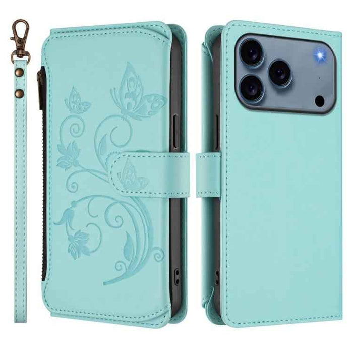 For iPhone 17 Pro Max Butterfly Love Flower Multi-card Zipper Wallet Leather Phone Case(Mint Green)
