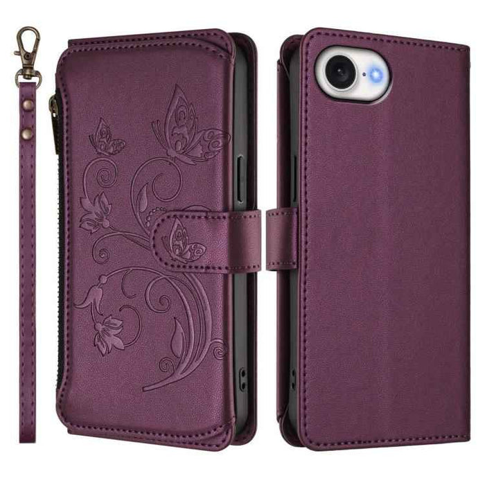For iPhone 16e Butterfly Love Flower Multi-card Zipper Wallet Leather Phone Case(Dark Purple)