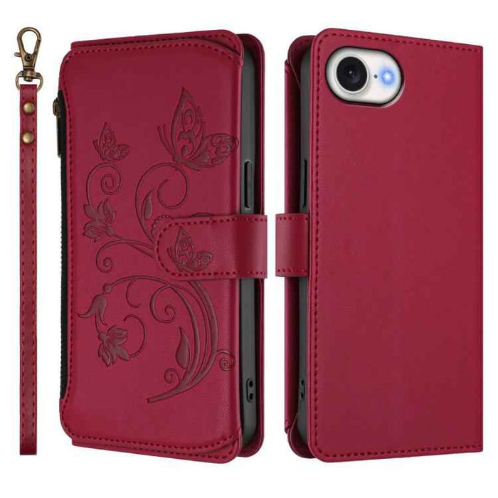 For iPhone 16e Butterfly Love Flower Multi-card Zipper Wallet Leather Phone Case(Wine Red)