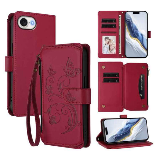 For iPhone 16e Butterfly Love Flower Multi-card Zipper Wallet Leather Phone Case(Wine Red)