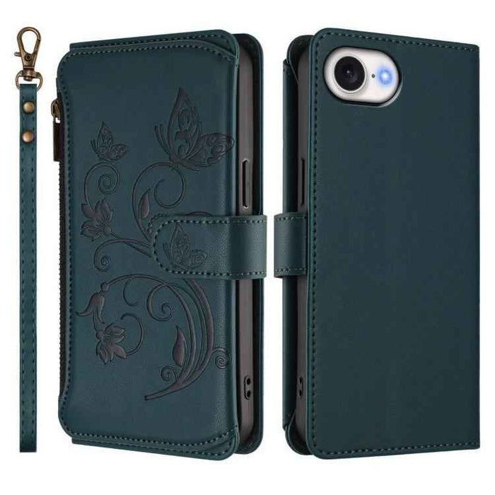 For iPhone 16e Butterfly Love Flower Multi-card Zipper Wallet Leather Phone Case(Dark Green)