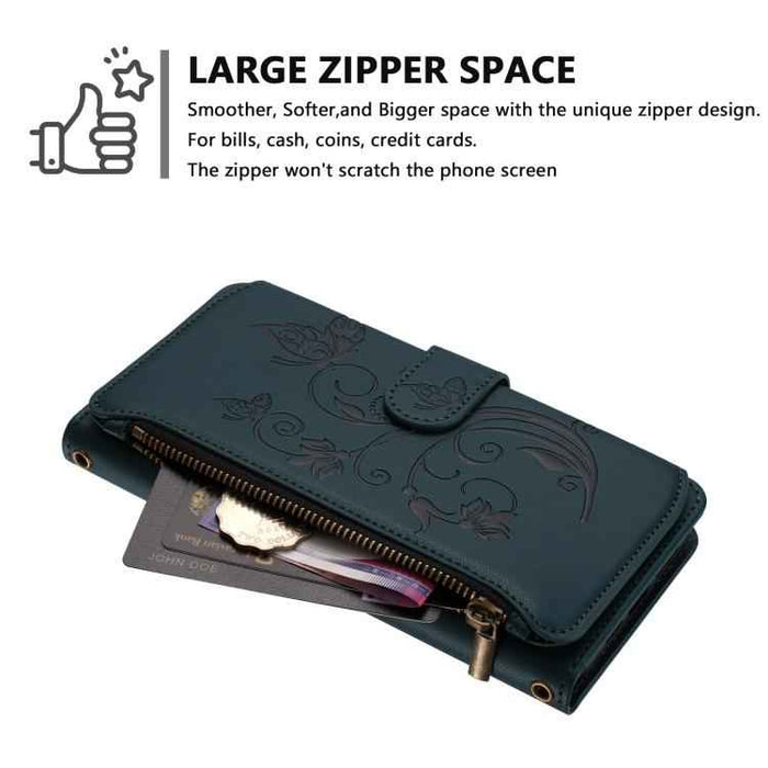 For iPhone 16e Butterfly Love Flower Multi-card Zipper Wallet Leather Phone Case(Dark Green)