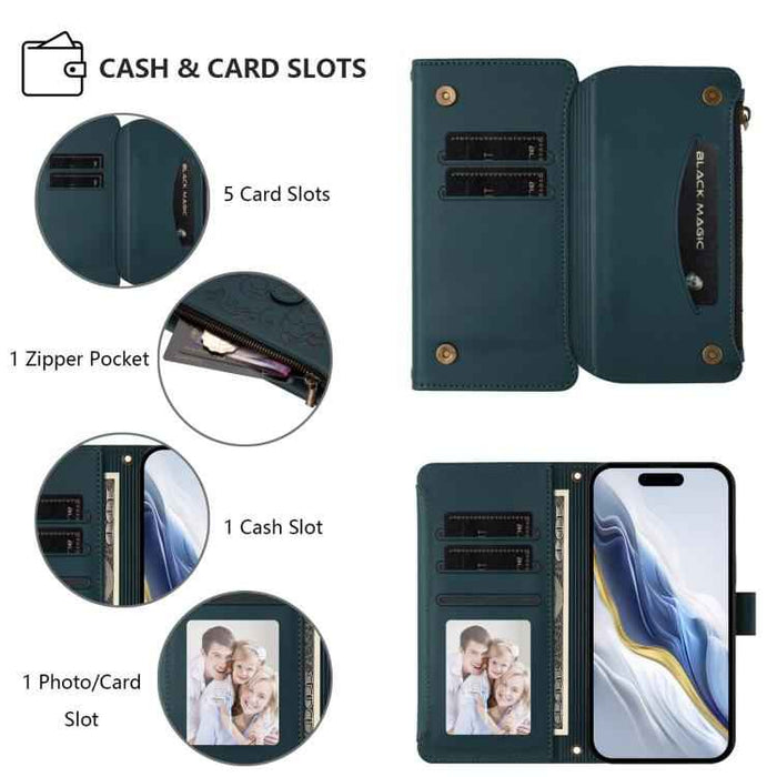 For iPhone 16e Butterfly Love Flower Multi-card Zipper Wallet Leather Phone Case(Dark Green)