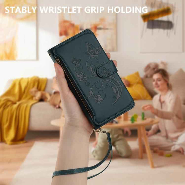 For iPhone 16e Butterfly Love Flower Multi-card Zipper Wallet Leather Phone Case(Dark Green)