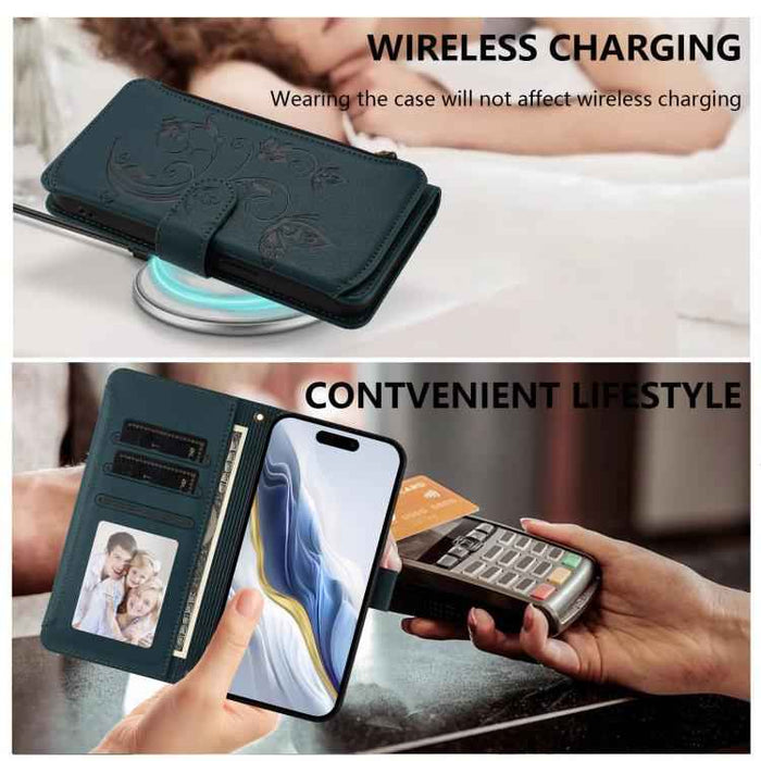 For iPhone 16e Butterfly Love Flower Multi-card Zipper Wallet Leather Phone Case(Dark Green)