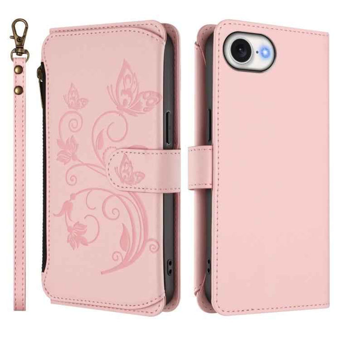 For iPhone 16e Butterfly Love Flower Multi-card Zipper Wallet Leather Phone Case(Pink)
