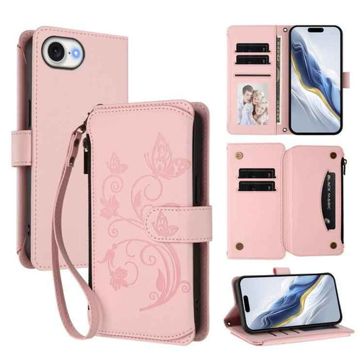 For iPhone 16e Butterfly Love Flower Multi-card Zipper Wallet Leather Phone Case(Pink)