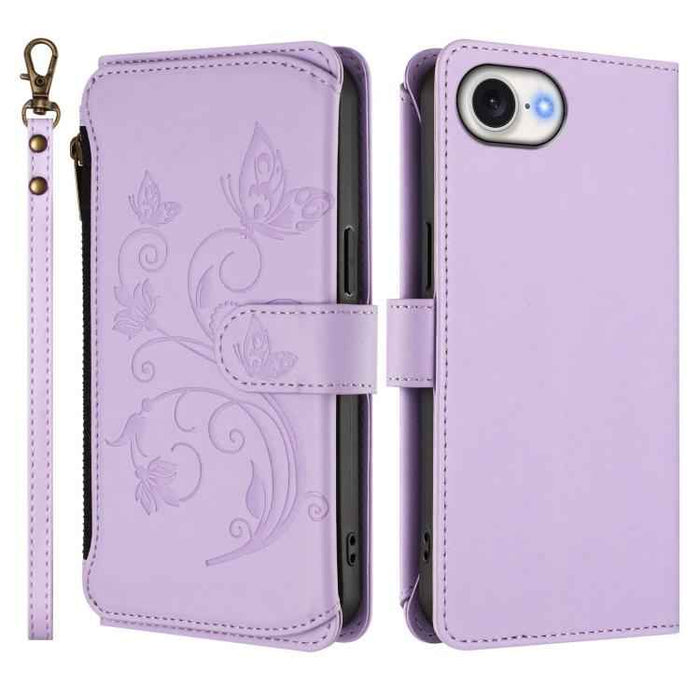For iPhone 16e Butterfly Love Flower Multi-card Zipper Wallet Leather Phone Case(Light Purple)