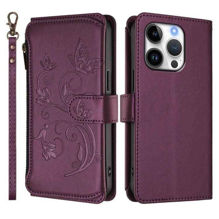 For iPhone 16 Pro Butterfly Love Flower Multi-card Zipper Wallet Leather Phone Case(Dark Purple)